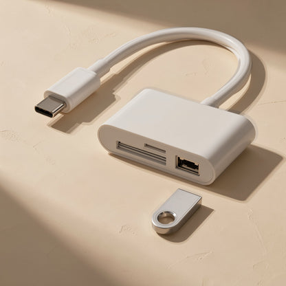 Portmate Type-C SD TF USB card reader adapter in white beside a silver flash drive on a beige surface