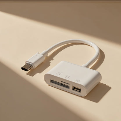 Portmate – White Type-C card reader adapter with curved cable, card slots and USB-A port in angled sunlight