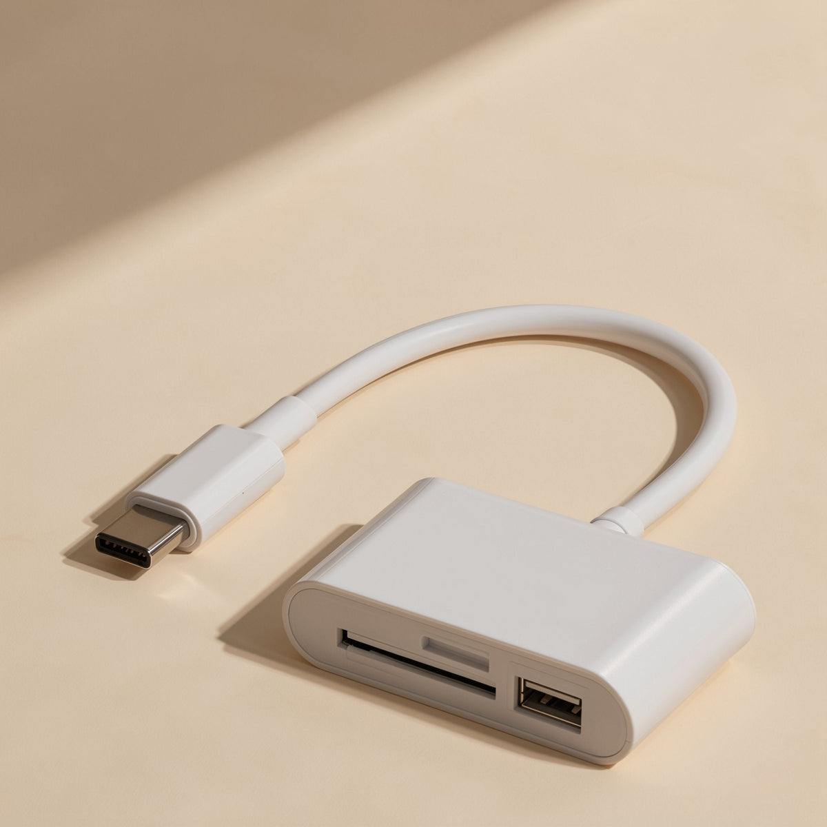 Portmate – Top-down view of the white adapter showing SD and TF slots and a USB port on a cream background