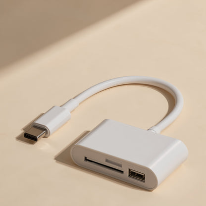Portmate – Top-down view of the white adapter showing SD and TF slots and a USB port on a cream background