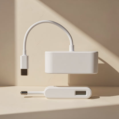 Portmate – White Type-C connector and cable with the adapter body above and a small USB device below