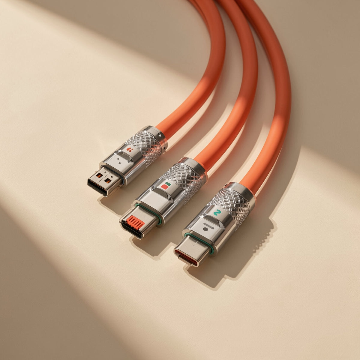 Plugtrio Three-In-One Charging Cable with orange cord and three metal connector tips on a beige surface