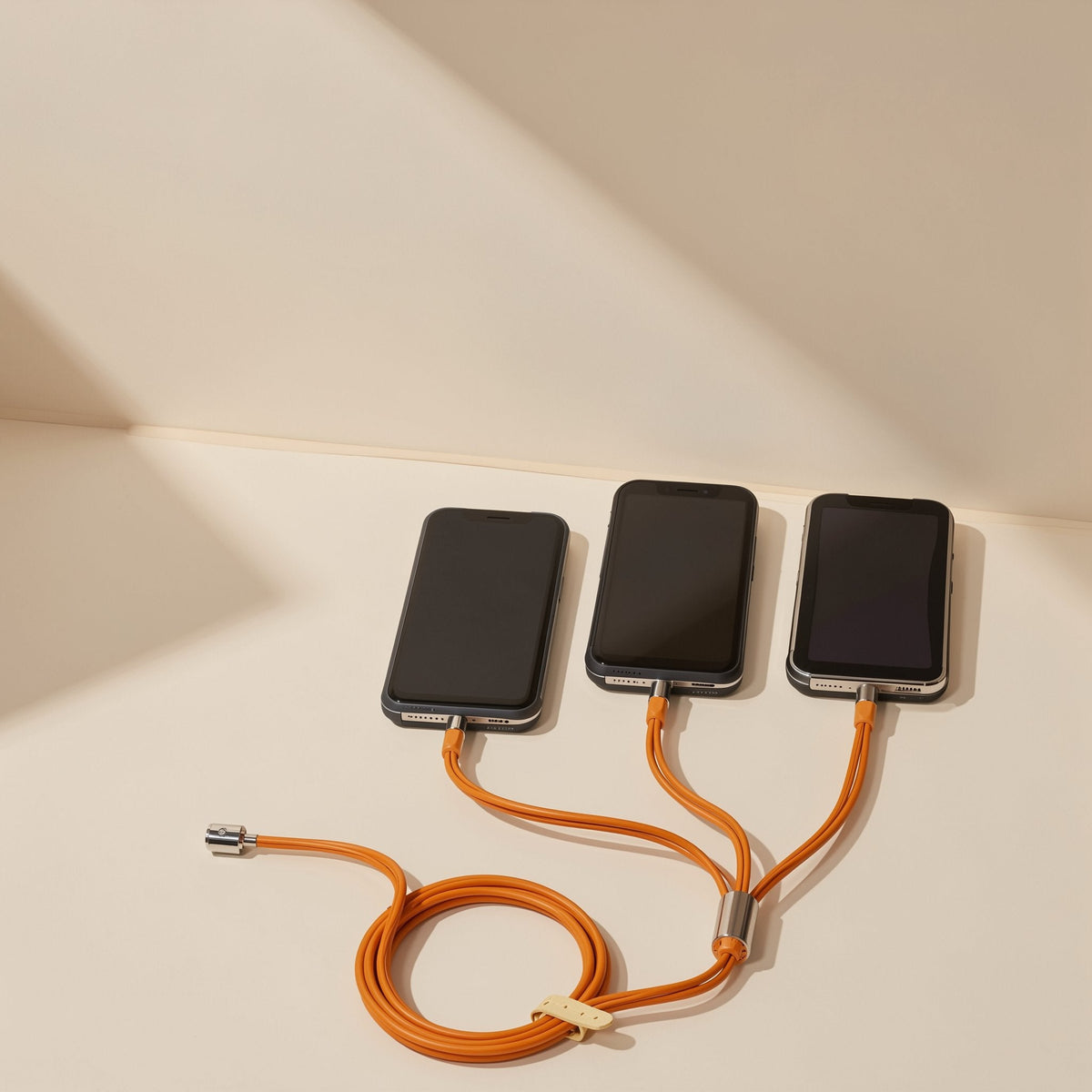 Plugtrio – Orange multi-head cable charging three smartphones lying on a cream surface, with a slider bead on the cord
