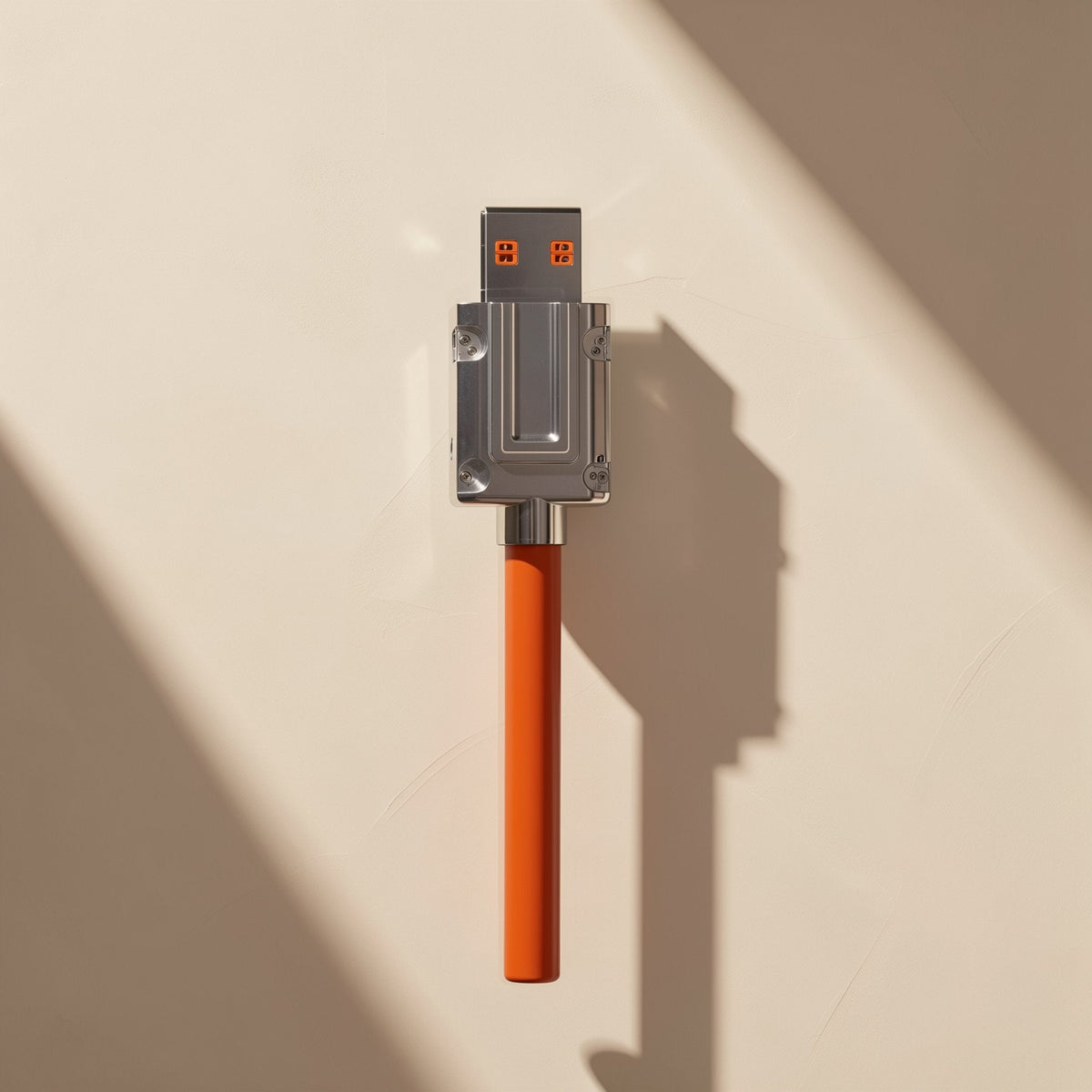 Plugtrio – Orange cable with a metal USB-A plug photographed from above, with sharp diagonal shadows