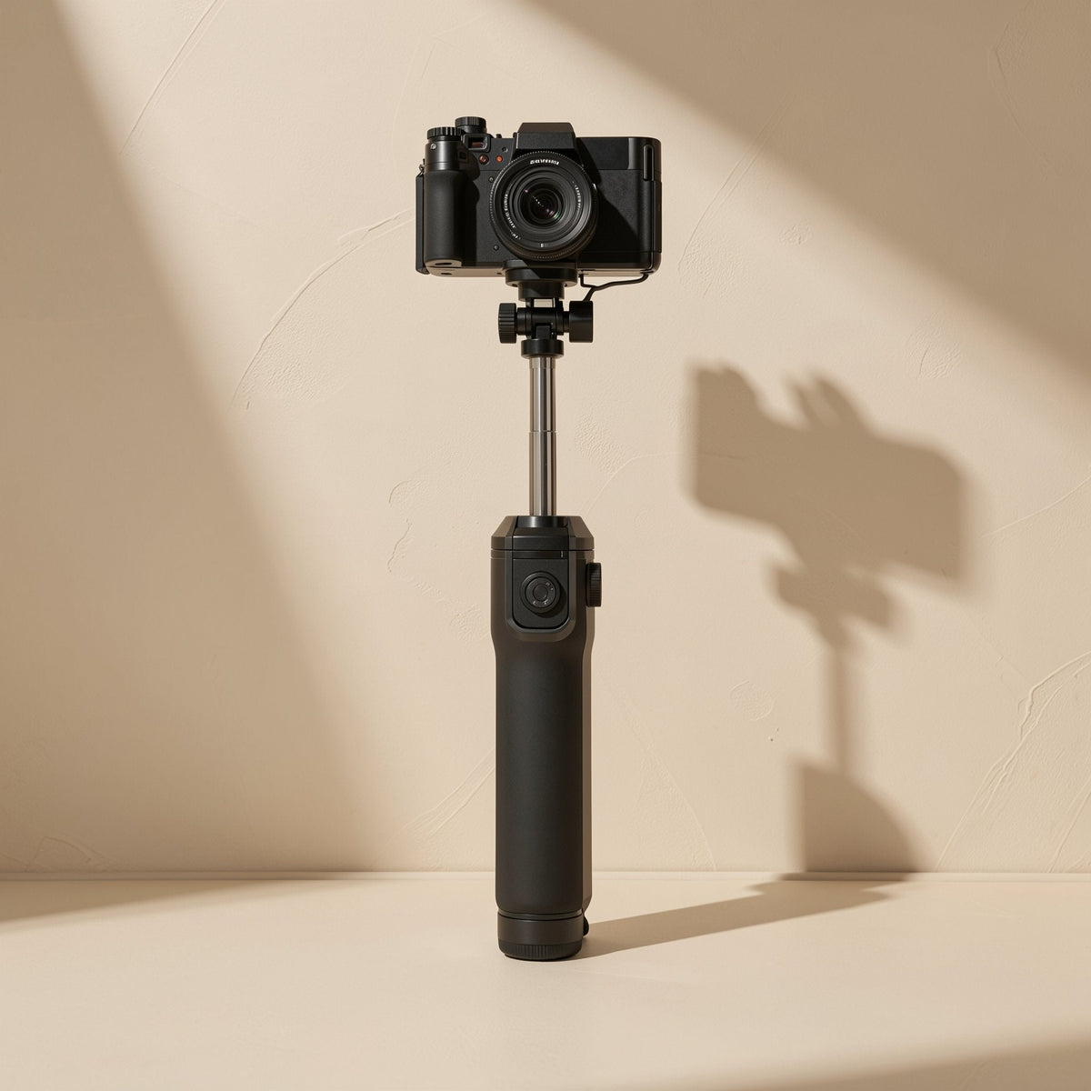 Snapframe – Black handle with a mirrorless camera mounted on the short extended stainless steel pole, shadow on the wall