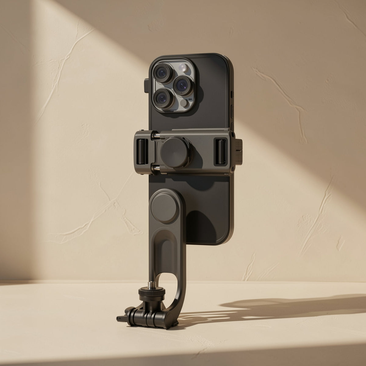 Snapframe – Close-up of the phone clamp gripping a black smartphone with triple camera, on a folding mount arm