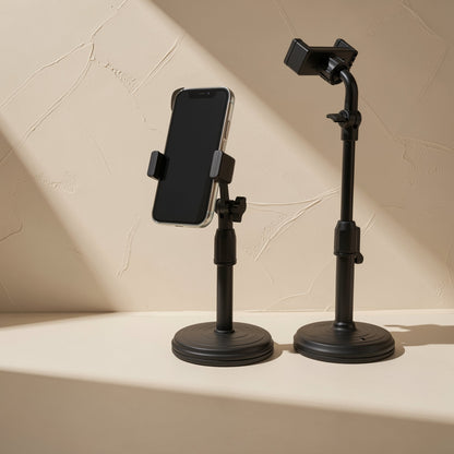 Tiltperch Telescopic Desktop Phone Bracket in black, one holding a phone, one angled with an empty clamp