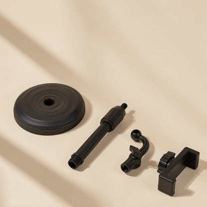 Tiltperch – Disassembled black phone bracket parts: round base, telescopic pole, curved neck joint and phone clamp