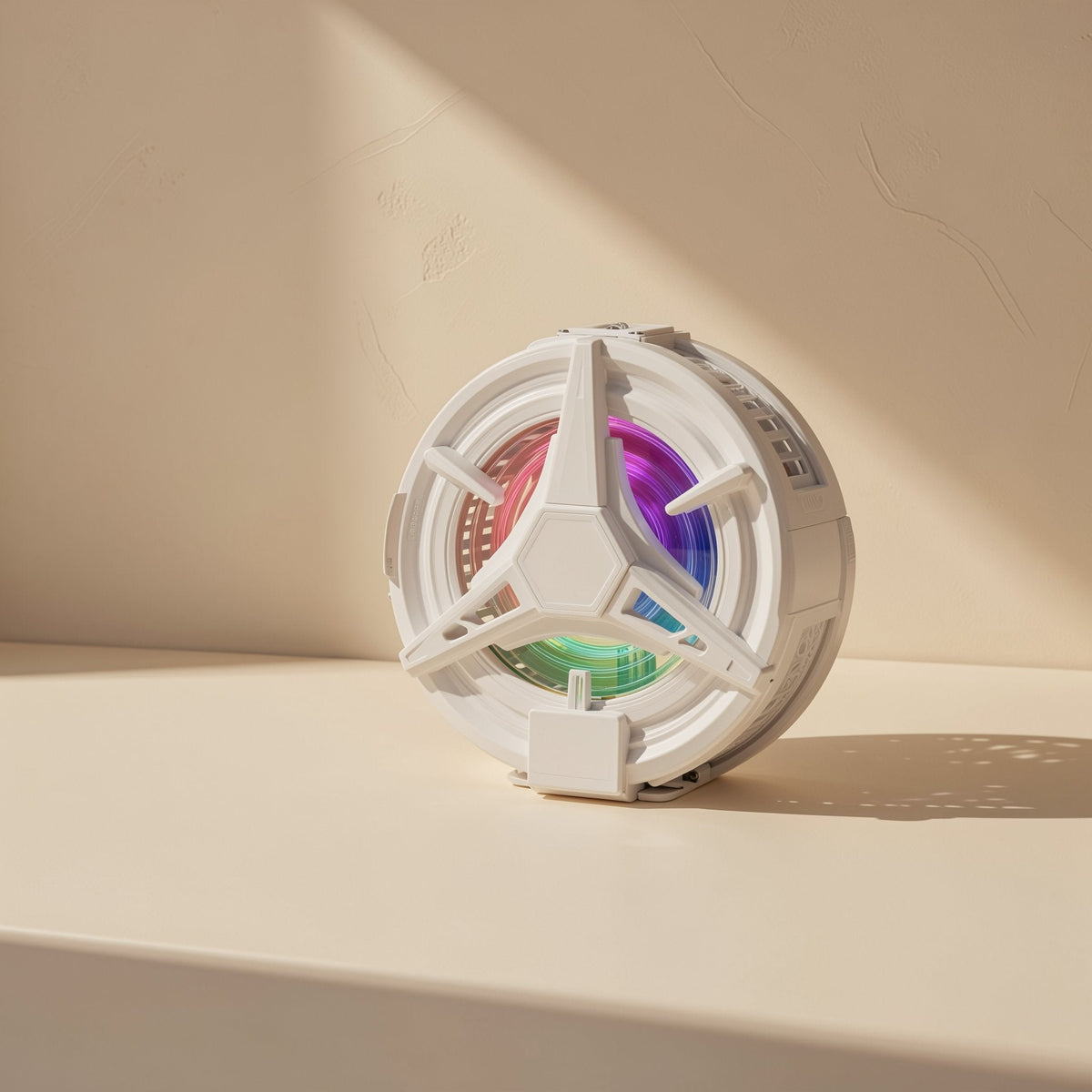 Chilldial – White round phone cooler with tri-spoke grille and rainbow-lit fan, shown from the side on a beige ledge