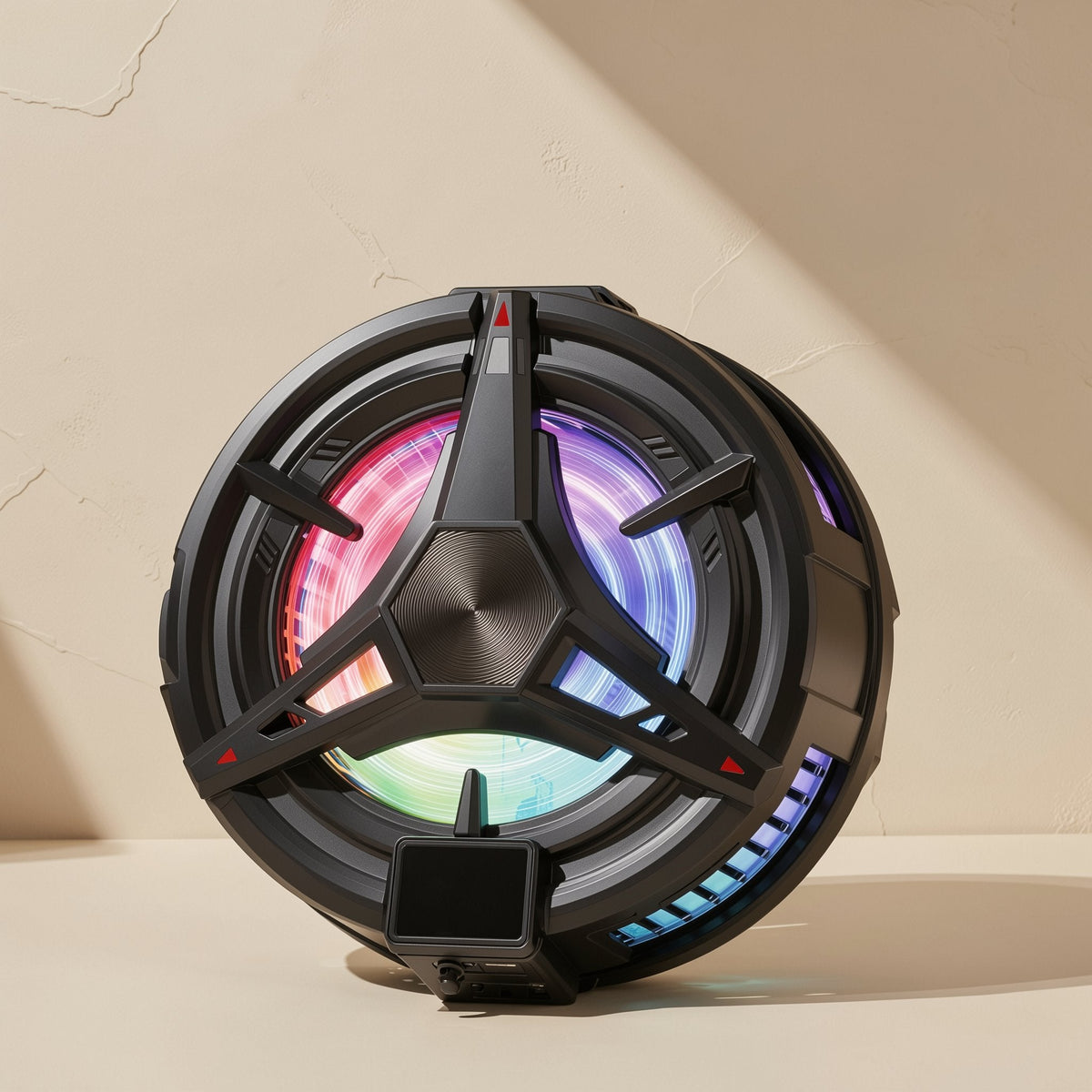 Chilldial – Black version with tri-spoke grille, glowing multicolor fan and small digital display at the bottom edge