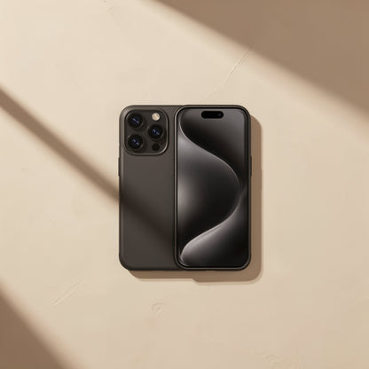 Chilldial – Black smartphone with triple-lens camera, back and front shown side by side on a beige surface