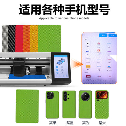 Matteglow – Cutting machine, green film sheets and phone brand menu, with green-filmed phones below