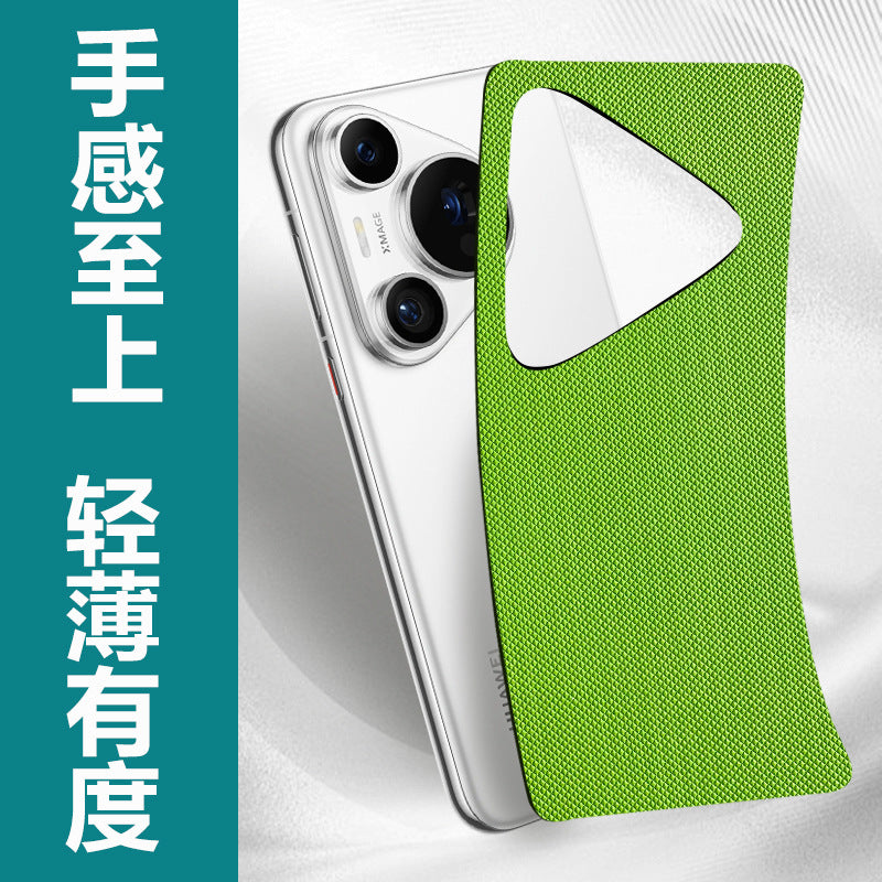 Matteglow – Green textured film peeling back from a white phone with a triangular camera module