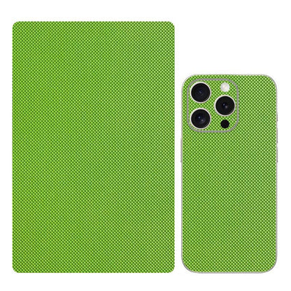 Matteglow – Green diamond-textured film sheet beside an iPhone with the matching film applied to its back