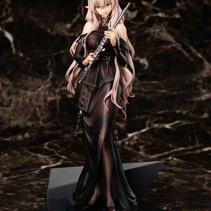 Shinefigure – Front view of the long-haired horned figure in a black lace-trimmed dress playing a flute, on a black base