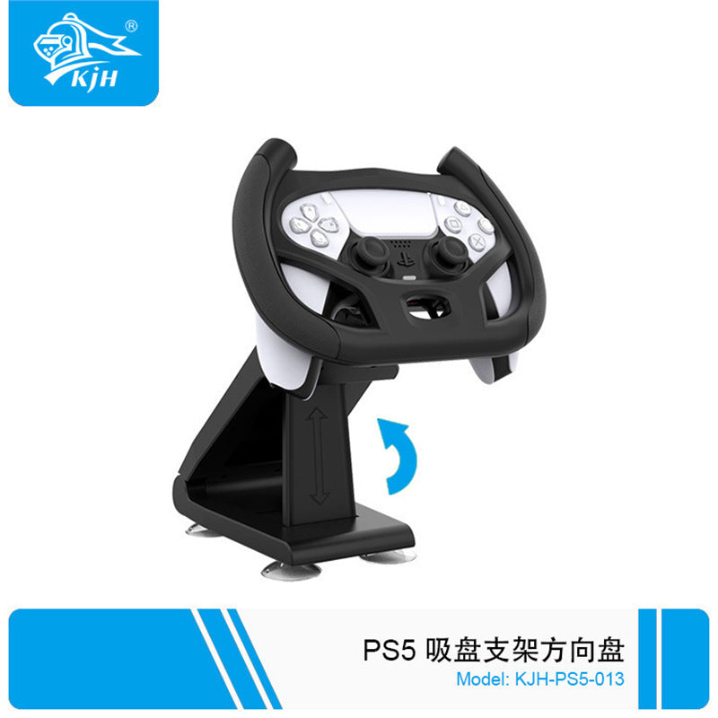 Wheelnest PS5 controller steering wheel stand, front view with white controller mounted and rotation arrow