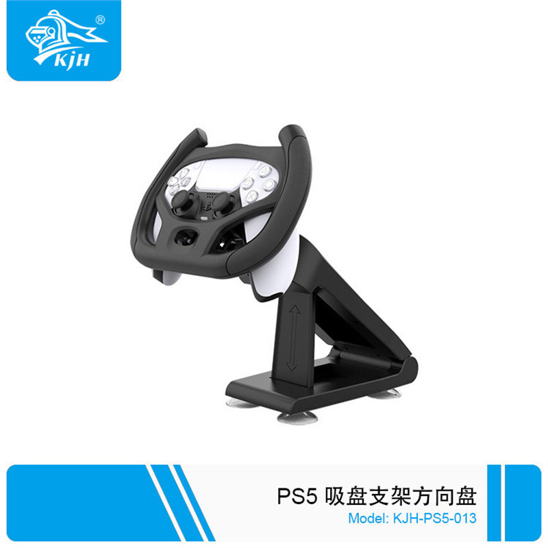 Wheelnest – Black steering wheel stand holding a PS5 controller, angled front view with height adjustment arrow
