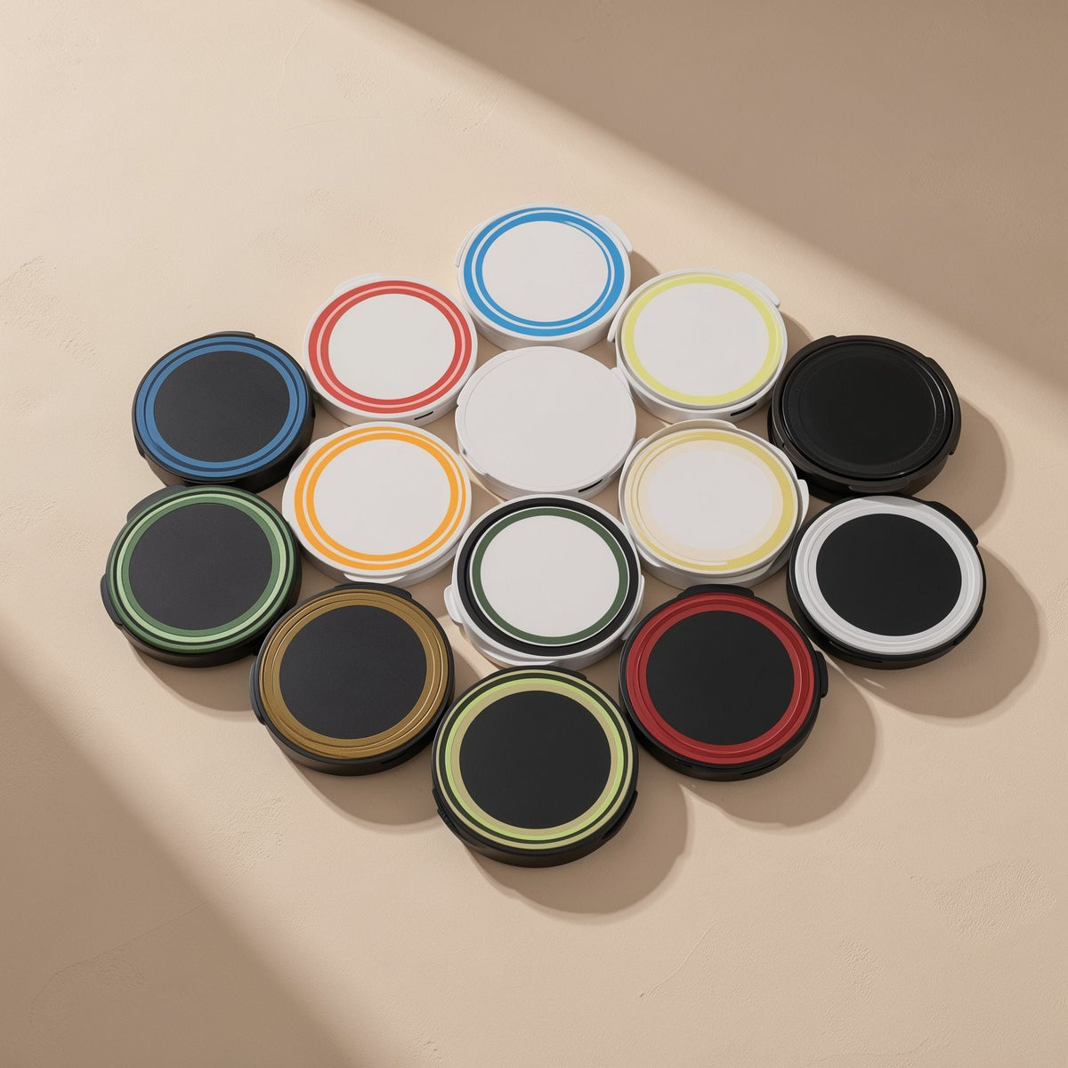 Voltrest 15W Qi Wireless Charger in a dozen black and white discs with blue, red, green and yellow rings