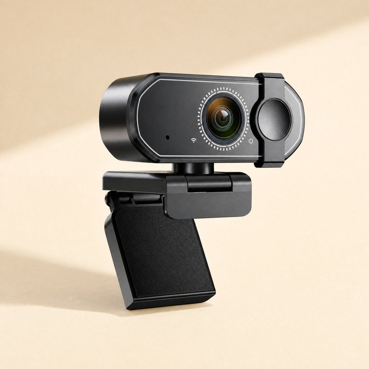 Voiceframe USB Computer Camera in black, angled front view on a cream background with clip stand