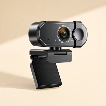Voiceframe USB Computer Camera in black, angled front view on a cream background with clip stand
