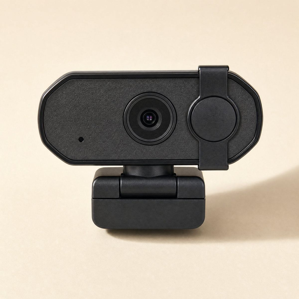 Voiceframe – Straight-on front view of the webcam with its privacy cover slid over the right side of the lens