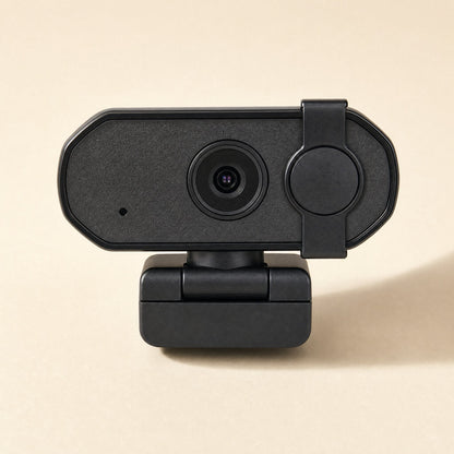 Voiceframe – Straight-on front view of the webcam with its privacy cover slid over the right side of the lens