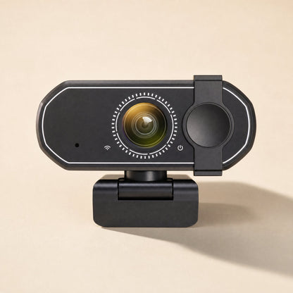 Voiceframe – Close front view of the lens with dotted ring, Wi-Fi and power icons, and the privacy cover at right