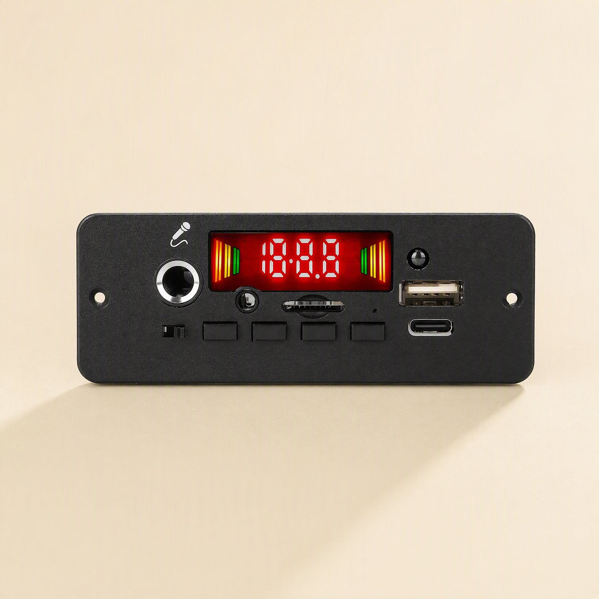 Ampcraft Bluetooth Amplifier Board front panel with red LED display, mic jack, USB-A and USB-C ports