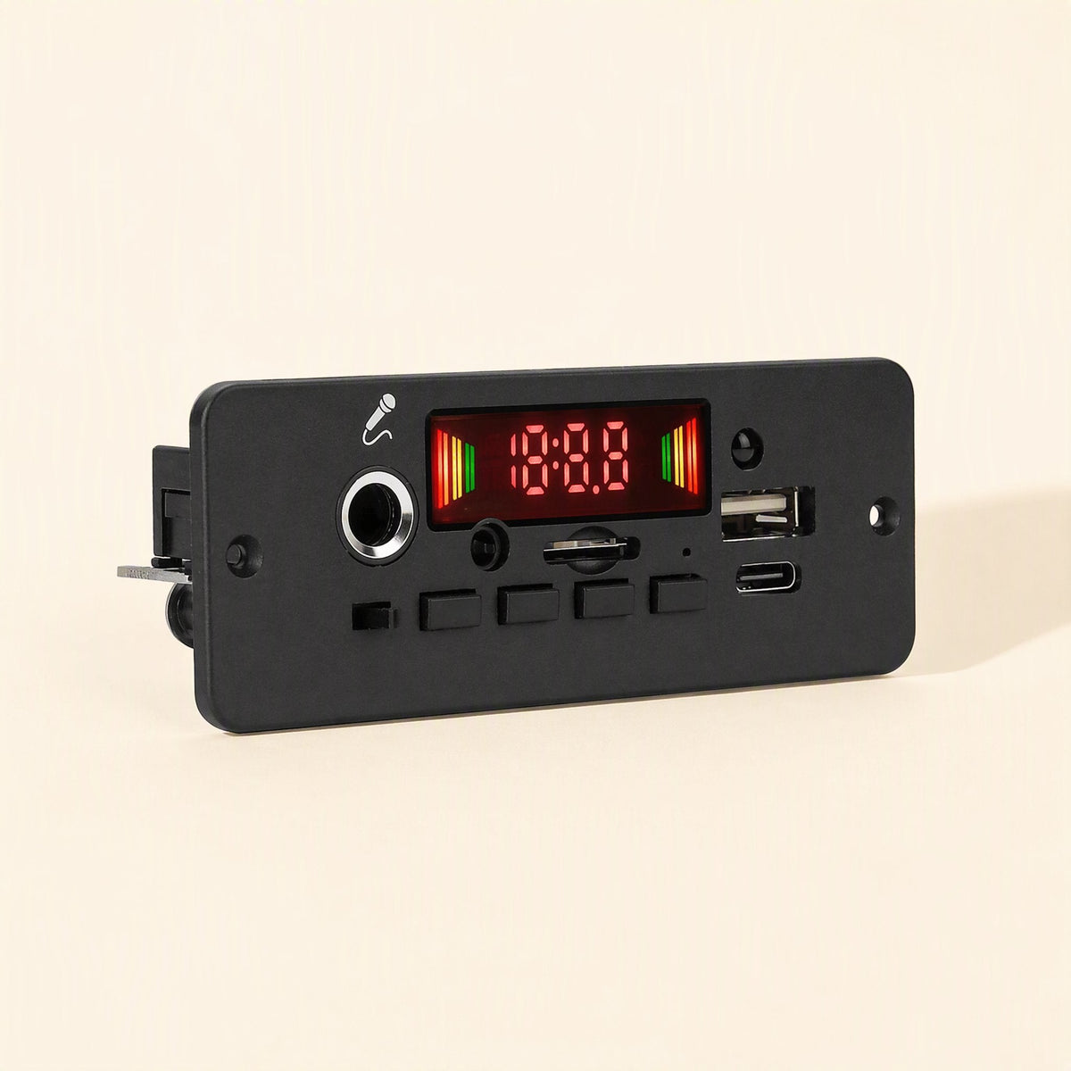 Ampcraft – Angled view of the black faceplate showing display, four buttons, microphone jack and card slot