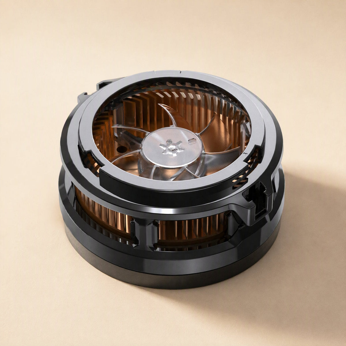 Tempglow – Top-down view of black round cooler showing clear fan blades and copper heat sink fins