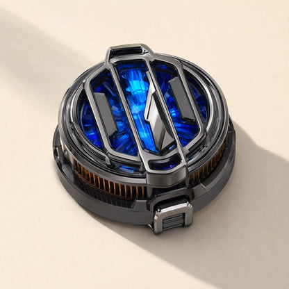 Tempglow – Round gunmetal cooler with blue glowing fan behind grille cover, shown from above at an angle