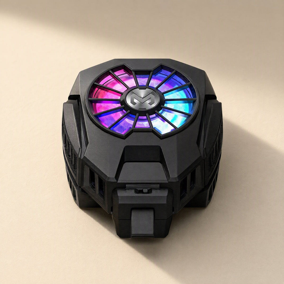 Tempglow – Black angular cooler with rainbow-lit fan and central logo, viewed from above