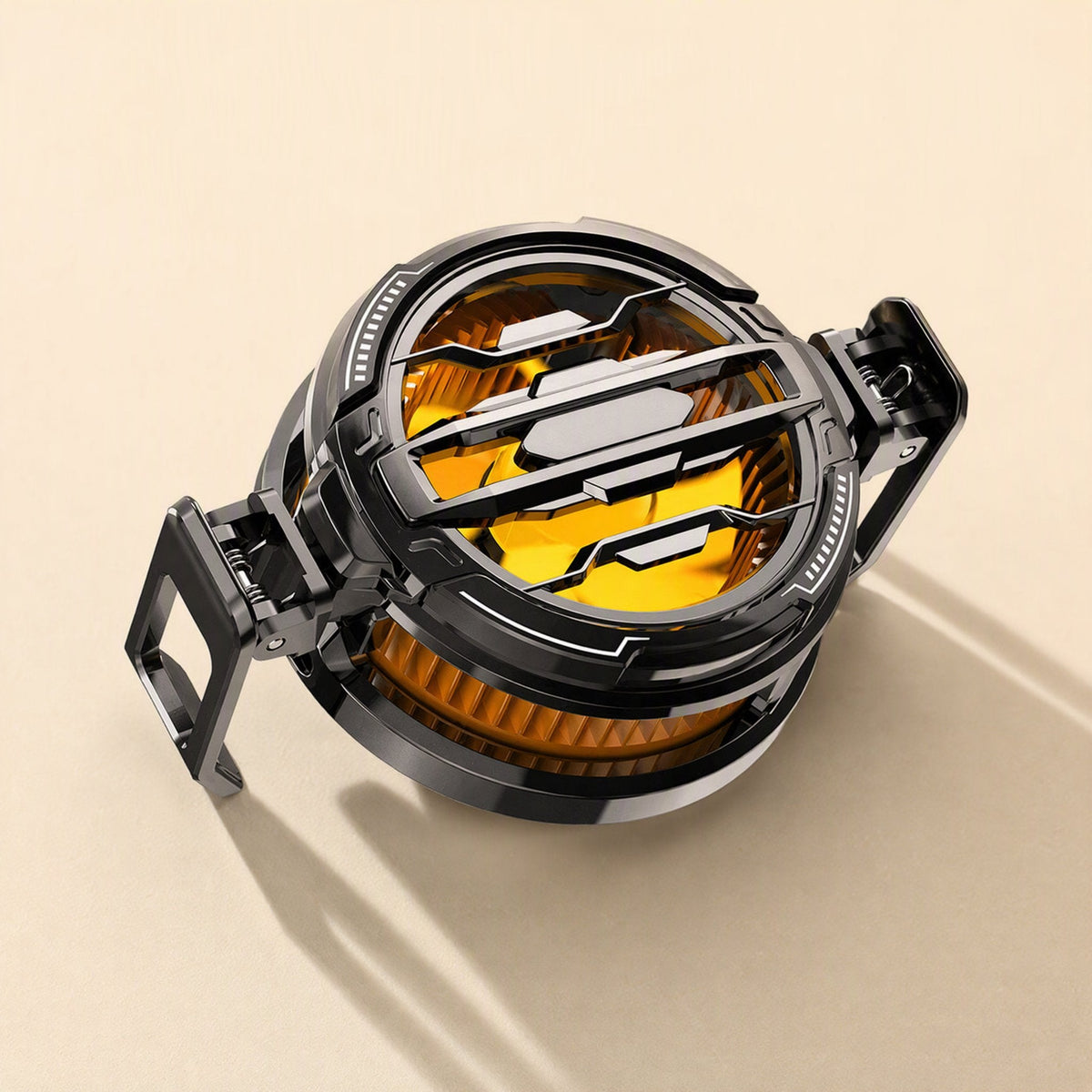 Tempglow – Cooler with orange glow and two folded clamp arms extended on each side, angled view