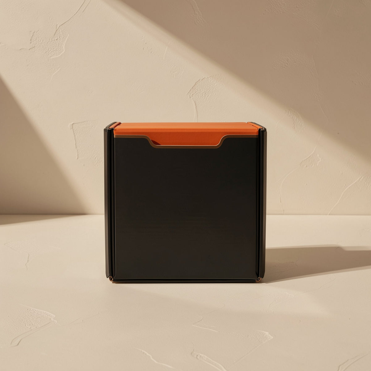 Neonflex RGBIC neon light strip packaging: black box with orange lid on a cream surface in angled sunlight