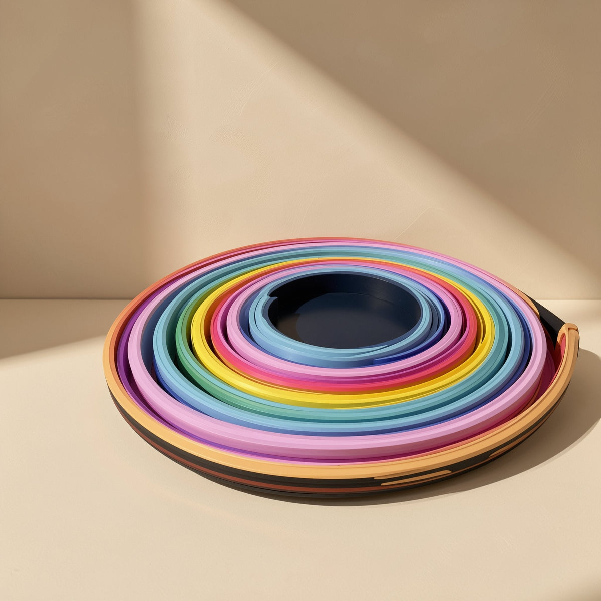 Neonflex – Neon strip wound in tight concentric rings in pink, yellow, green and blue around a dark center