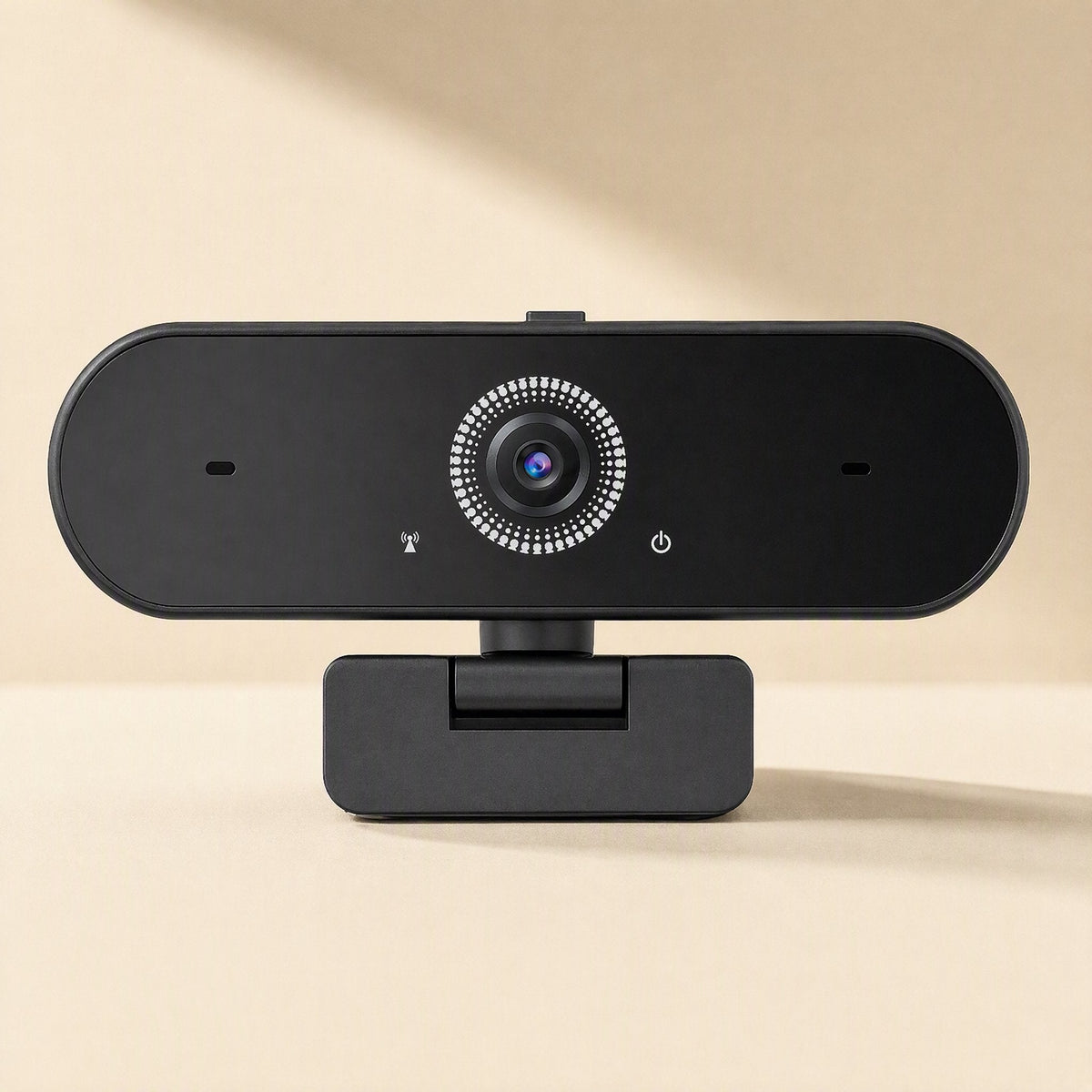 Talkframe USB Computer Camera, black webcam shown front-on on a clip stand against a cream background