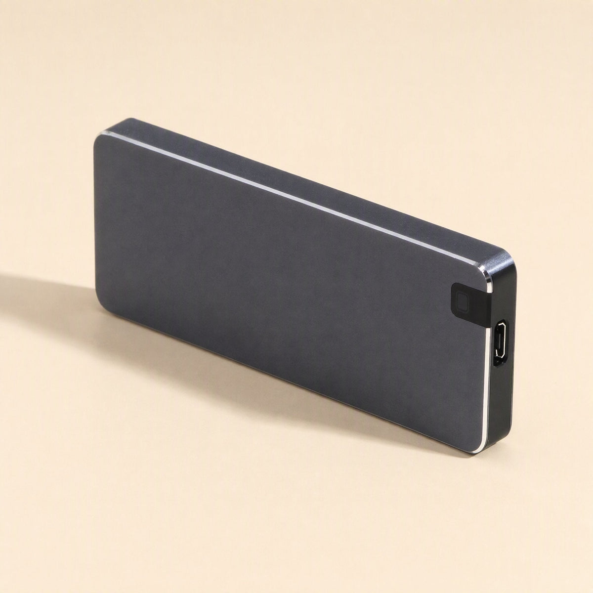 Steeldrive – Gray metal external drive from above, showing its USB-C port and small black cap at one end