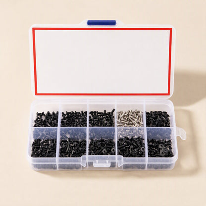 Flatfix Laptop Screw Kit with lid open above ten compartments of black and silver screws