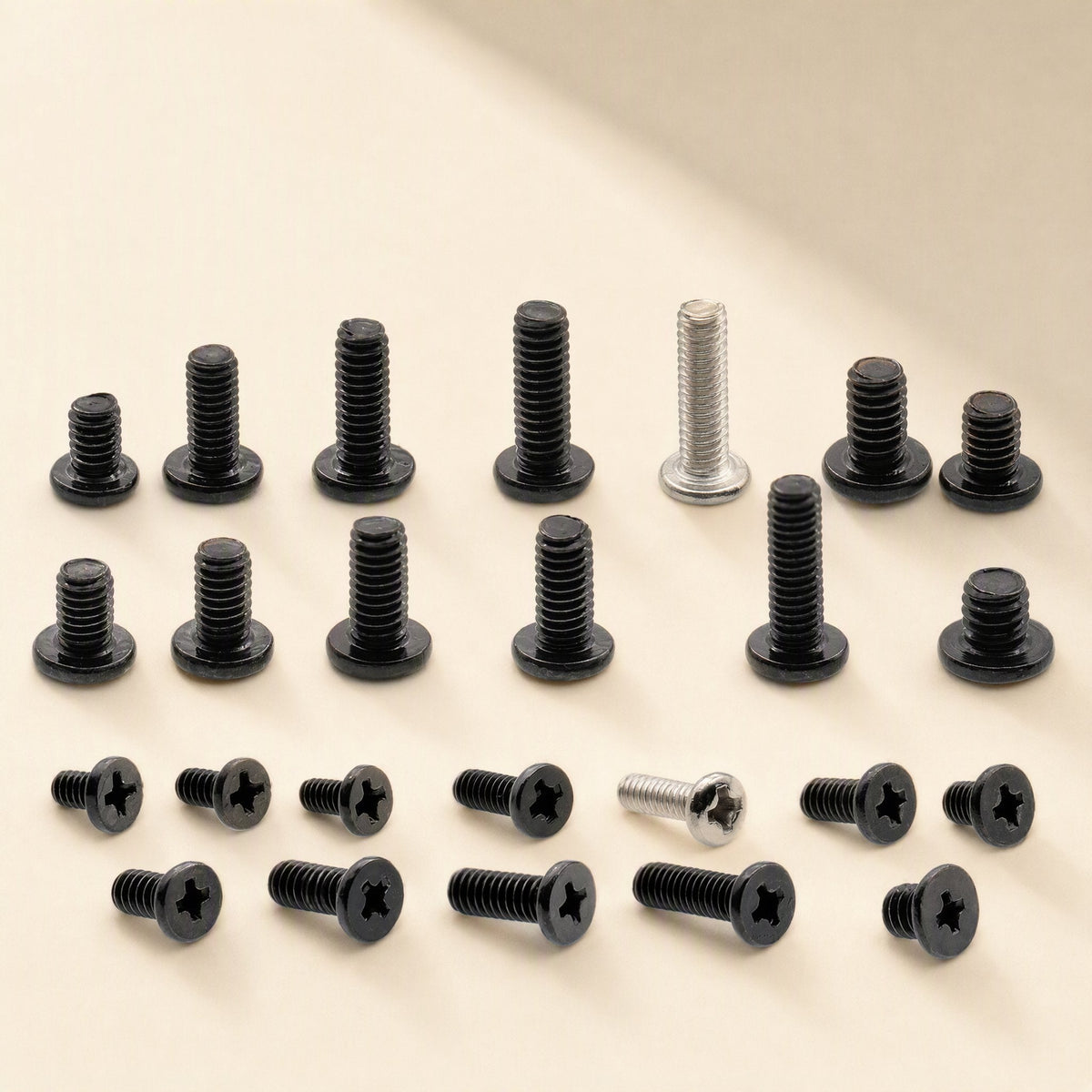 Flatfix – Close-up of black and silver Phillips screws in several lengths and head styles on a beige background