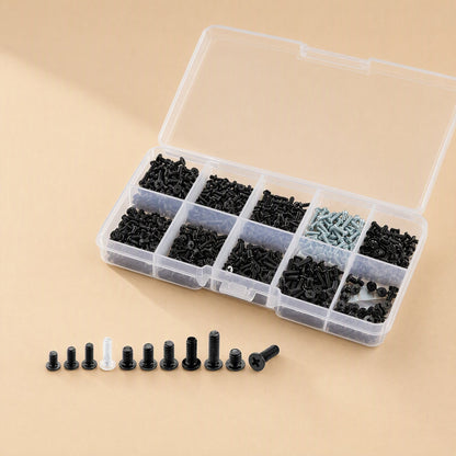 Flatfix Laptop Screw Kit – open clear box of laptop screws beside a row of ten sample screws in graduated sizes