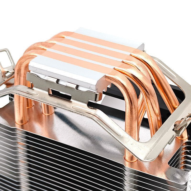 Copperfin CPU Cooler – close-up of copper heat pipes passing through the metal base plate and aluminum fins of the cooler