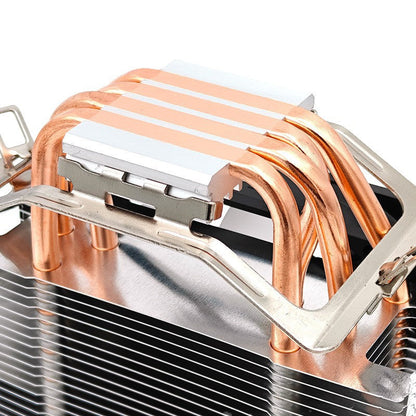 Copperfin CPU Cooler – close-up of copper heat pipes passing through the metal base plate and aluminum fins of the cooler