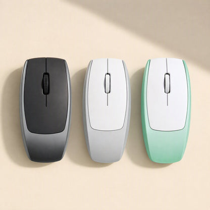 Clickmate Bluetooth Mouse in black, white and mint green, shown side by side from above