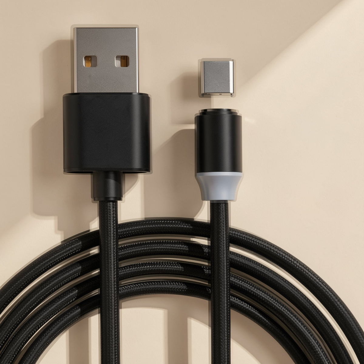 Magtrio Magnetic Three-in-One Charging Cable in black woven nylon, USB plug beside a detached USB-C magnetic tip
