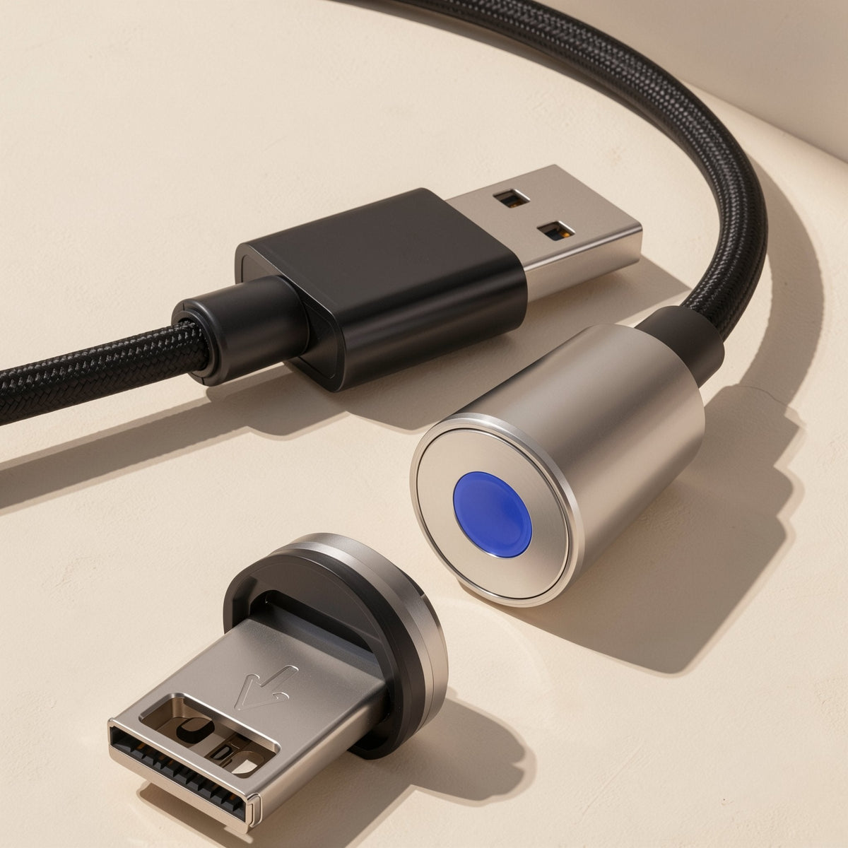 Magtrio – Silver magnetic connector head with blue LED beside its detached Lightning-style tip, USB-A plug behind