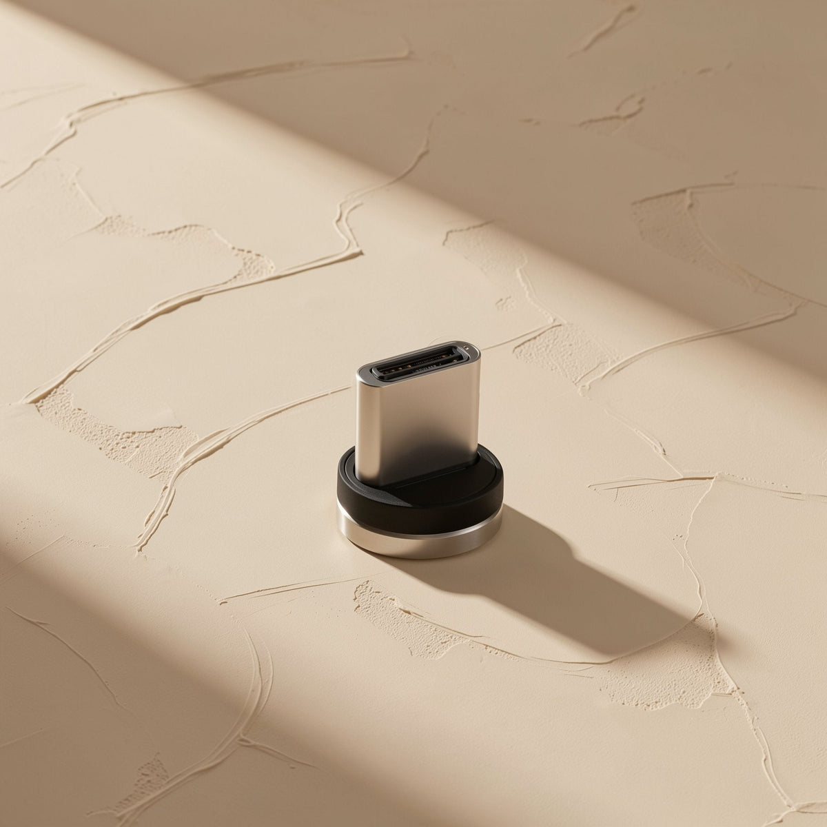 Magtrio – Detached USB-C magnetic tip with a black base and silver rim standing on a textured cream surface