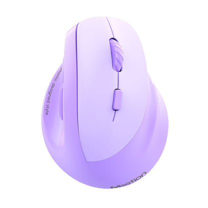 Palmouse – Top view of the lavender vertical mouse showing scroll wheel, side buttons and Meetion logo on a white background
