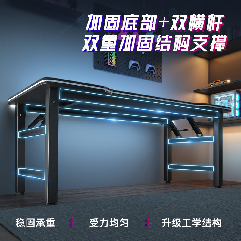Foldspan – Front angle of the desk showing reinforced bottom bars, double crossbars and folding brackets on a dark background