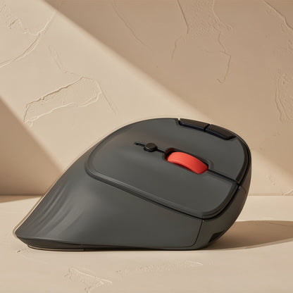 Blueloop – Side profile of the mouse showing sloped grip, red scroll wheel and top buttons against a textured wall