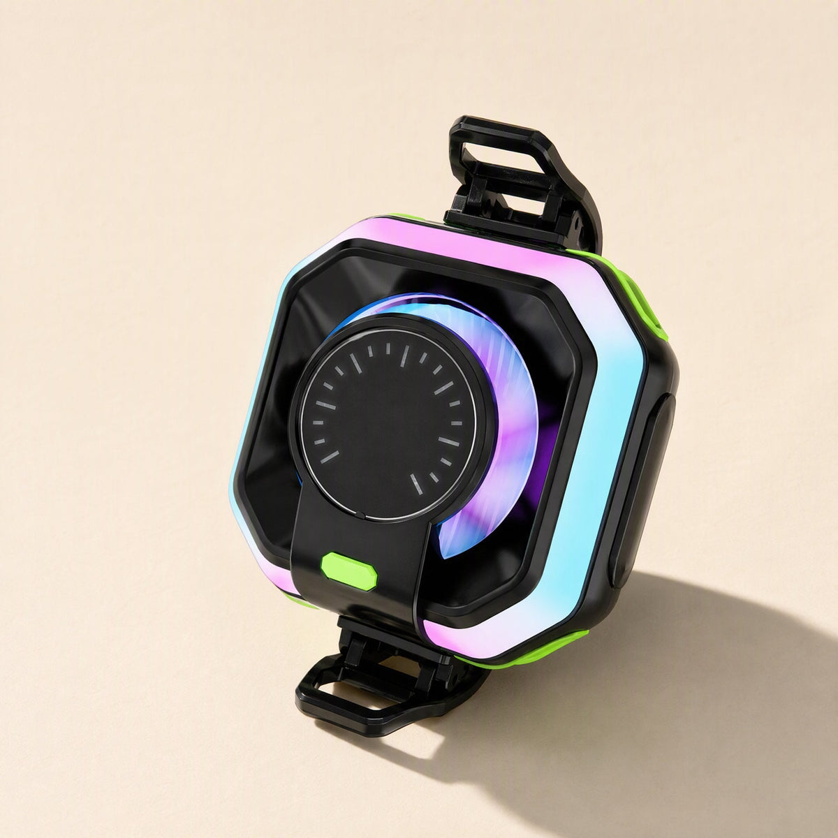 Chillcling Magnetic Mobile Phone Cooler with rainbow LED ring, black round pad and flip-out clips, front view